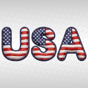 May include: Embroidered letters spelling "USA" in red, white, and blue, resembling the American flag. The letters have a puffy, stitched appearance with a dark blue outline, perfect for patriotic crafts.