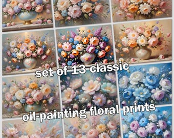 Set van 13 pastelkleurige bloemen olieverfschilderijen: klassieke galeriemuurkunst (digitale download)