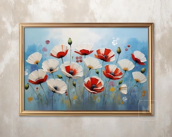 Levendige bloemenprint met witte en rode klaprozen – digitale download met hoge resolutie voor woondecoraties en cadeaus
