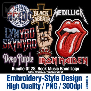 May include: A digital collection of 28 rock music band logos featuring embroidered-style designs including AC/DC, Black Sabbath, Metallica, Lynyrd Skynyrd, Deep Purple, Iron Maiden, and a hand making a rock gesture with a spiked red wristband.