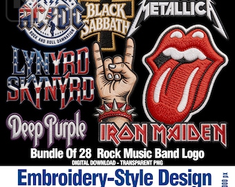Rockband: png-bundel met borduurstijl, 28 ontwerpen voor heavy metal-muziekpatches