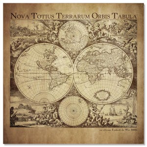 Puede incluir: Un mapa del mundo antiguo en tonos sepia titulado Nova Totius Terrarum Orbis Tabula, que presenta dos grandes mapas hemisféricos, proyecciones polares más pequeñas e ilustraciones mitológicas, firmado ex officina Frederik de Wit, 1660.