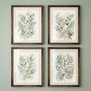 Set of 4 Botanical Watercolor Prints / Gallery Wall Set / Sage Green Wall Art / Minimalist Leaf Prints / Printable Modern Home Decor
