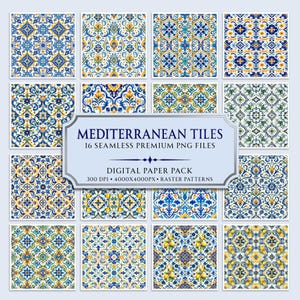 May include: A digital paper pack featuring 16 seamless Mediterranean tiles with intricate floral and geometric patterns in blue, yellow, and white. The central label reads: MEDITERRANEAN TILES, 16 SEAMLESS PREMIUM PNG FILES, DIGITAL PAPER PACK, 300 DPI, 4000X4000PX, RASTER PATTERNS.