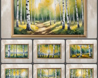 Set van 7 aquarelafdrukken berkenboom: seizoensgebonden boslandschap galerijmuur (digitale download)