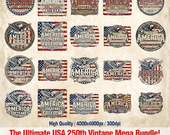 20 premium VS-megabundel PNG - Vintage patriottische ontwerpen, 250e verjaardag, Amerikaanse vlag Eagle Freedom Liberty