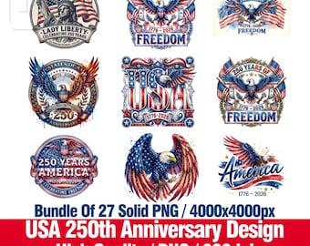 Bundel 250e verjaardag VS, 27 effen png-ontwerpen, witte achtergrondkunst patriottische adelaar