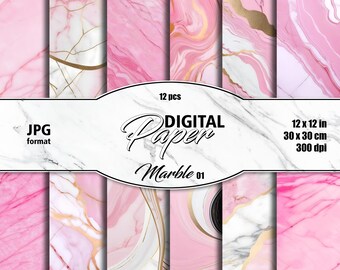 Marble Wallpaper Prints Set: Pink, Gold Wall Art (Digital Download)
