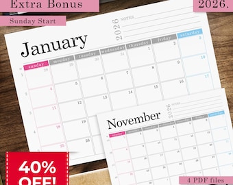 50%OFF - 2026 Printable Calendar / Minimalist A3, A4, Monday Start (Digital Download)