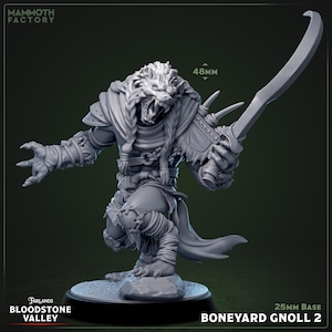 Könnte beinhalten: Graue Miniaturfigur eines Gnoll-Kriegers mit löwenartigem Kopf, der eine gebogene Klinge hält. Die Figur steht auf einer 25-mm-Basis und ist 4,8 cm hoch. Der Text "Boneyard Gnoll 2" ist sichtbar.