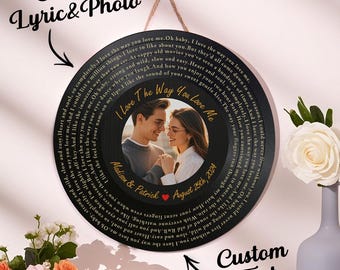 Letrero redondo de madera con foto y letra de canción de vinilo personalizado, regalo para un ser querido