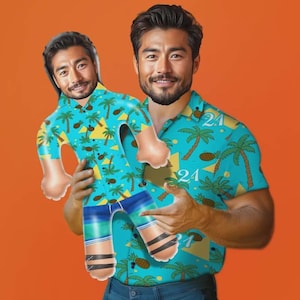 Personalized Hawaiian Shirt with Coconut Tree and Pineapple Print – Custom Photo Tropical Party Shirt for Men, Summer Beach Outfit