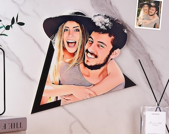 Arte mural fotográfico personalizado con dibujos de pareja, decoración de madera, regalos