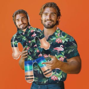Personalized Inflatable Man Doll with Hawaiian Shirt Colorful Flamingo Design Custom Printed Face Funny Pool Party Favor Gift