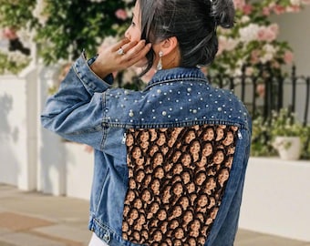 Chaqueta vaquera perlada con cara personalizada: abrigo vaquero personalizado con foto