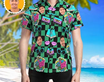 Camisa hawaiana retro con cara personalizada, fiesta musical de los 80, camisetas de verano con impresión fotográfica personalizada