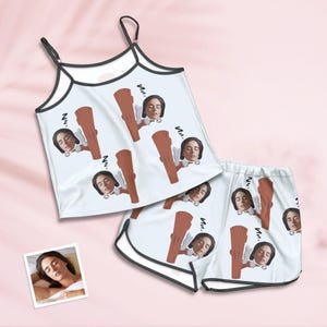 Custom Face Pajamas Set – Personalized Summer Sleepwear with Photo, Adjustable Camisole & Shorts for Women, Family Matching Nightwear