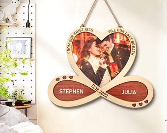 Letrero de madera personalizado con forma de corazón y infinito para colgar en la pared