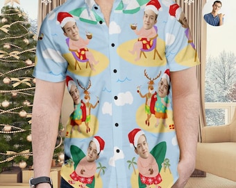 Camisa hawaiana navideña personalizada: atuendo de Papá Noel con foto personalizada para fiesta en la playa