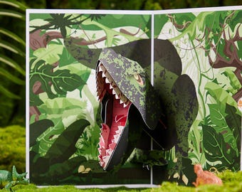 Tarjeta de felicitación 3D desplegable del dinosaurio Giganotosaurus