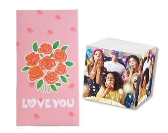 Caja sorpresa con foto explosiva personalizada con texto "TE AMO" y rosa, regalo romántico.
