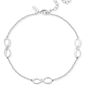 May include: A silver anklet with three infinity symbols. Each infinity symbol is engraved with a name: Isabella, Jacob, and James. The anklet has a delicate chain and a clasp for closure.