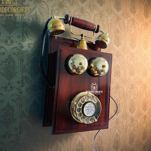Brass Wooden Wall Cradle Telephone - 1930&#39;s Style Vintage Wall Hanging Landline Rotary dial Working Collectible Home Decor Telephone Gift .