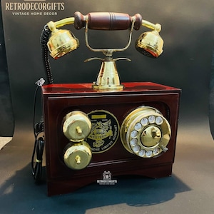 Vintage Style Brass Wooden Telephone – Retro Western Rotary Dial Landline | Antique Style Collectible Home Office Desk Décor Gift .
