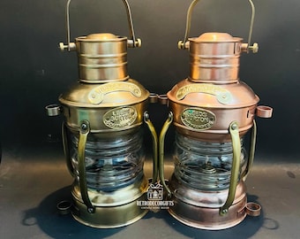 Antique Brass Anchor Oil Lantern | Nautical Maritime Decor