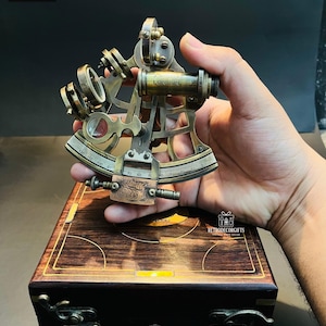 Antique Brass Nautical Sextant with Double Telescope – J. Scott Astrolabe Replica in Wooden Box | Maritime Ship Navigation Instrument .