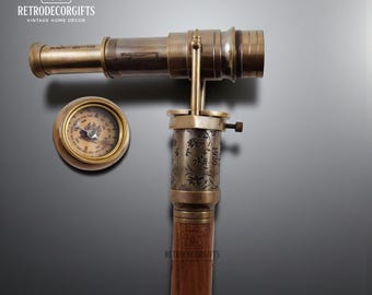 Steampunk Brass Telescope Walking Stick – Victorian Folding Cane with Compass