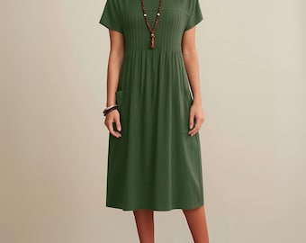 Cotton Plus Size Midi Dress with Pockets, Women’s Short Sleeve Boho Summer Outfit, Square Neck Relaxed Fit Casual A-Line Dress