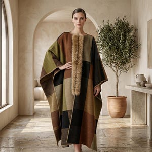 May include: A long, open-front poncho featuring a large, multi-colored block pattern in shades of olive green, dark brown, black, and tan. The garment is accented with a thick, textured faux fur trim running vertically along the center front opening.