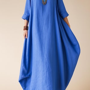 Women's Cotton Linen Boho Maxi Dress | Long Sleeve Loose Fit Summer Robe | Solid Color Vintage Kaftan | Lightweight Casual Outfit