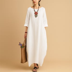 Women&#39;s linen cotton dress long sleeve loose maxi dress oversized clothing plus size linen dress for spring and summer casual wear