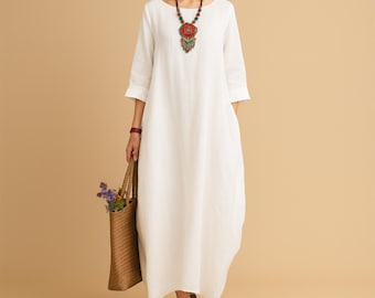 Women's linen cotton dress long sleeve loose maxi dress oversized clothing plus size linen dress for spring and summer casual wear