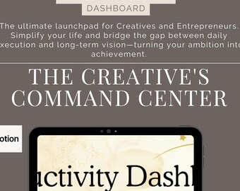 Puede incluir: Un panel de productividad digital de Notion que se muestra en la pantalla de una tableta. La interfaz presenta el texto Notion Productivity Dashboard, The Creative's Command Center, New Project y View Goals, con tonos beige y blancos.
