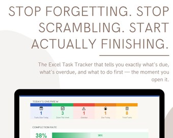 Puede incluir: Una computadora portátil muestra una interfaz de seguimiento de tareas con una tasa de finalización del 38%. La pantalla muestra una descripción general diaria con tareas pendientes y prioridades. El texto en la parte superior dice: "STOP FORGETTING. STOP SCRAMBLING. START ACTUALLY FINISHING."