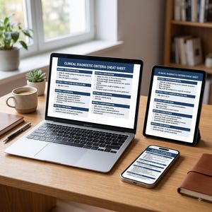 "DSM-5-TR cheat sheet PDF displayed on laptop, tablet, and phone screens, showing printable diagnosis criteria pages"