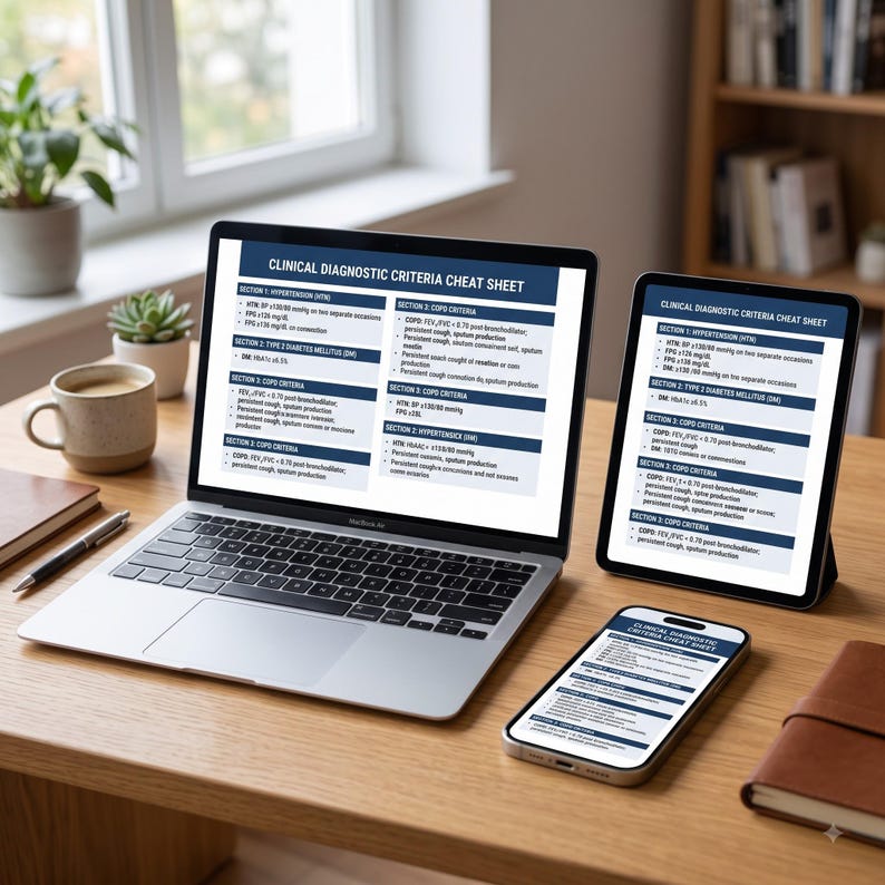 "DSM-5-TR cheat sheet PDF displayed on laptop, tablet, and phone screens, showing printable diagnosis criteria pages"