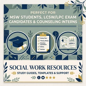 "Banner showing this DSM-5-TR cheat sheet bundle is ideal for MSW students, LCSW and LPC exam candidates, and counseling interns"
