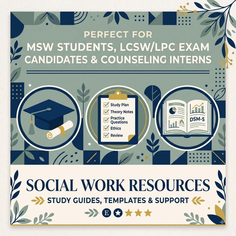 "Banner showing this DSM-5-TR cheat sheet bundle is ideal for MSW students, LCSW and LPC exam candidates, and counseling interns"