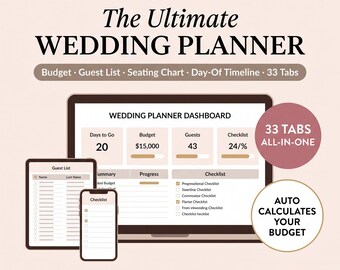 Puede incluir: Un planificador de bodas digital para Excel y Google Sheets con un panel para presupuesto, lista de invitados y cronograma. La pantalla muestra 33 pestañas, funciones de cálculo automático y una lista de verificación. Texto: The Ultimate Wedding Planner.
