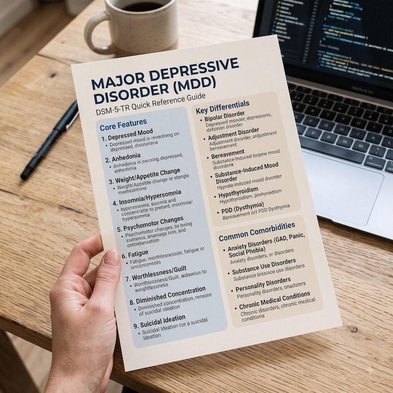 "Close-up of a sample Major Depressive Disorder cheat sheet page showing core features, key differentials, and common comorbidities"
