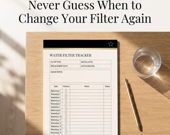 Puede incluir: Un documento imprimible de seguimiento de filtros de agua con un encabezado negro y un icono de estrella, campos para tipo de filtro, fecha de instalación, fecha de reemplazo y duración, y una tabla con columnas para fecha, volumen, notas y estado para 15 gotas.