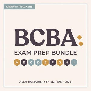 May include: A square graphic with a light cream background and a thin border. The text reads "GROWTHTRACKERS", "BCBA: EXAM PREP BUNDLE", and "ALL 9 DOMAINS 6TH EDITION 2026". A row of nine hexagons labelled A through I in alternating gold and blue colours is included.