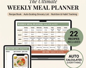 Puede incluir: Un planificador de comidas semanal digital para Excel y Google Sheets que presenta una tabla con columnas para los días de la semana y filas para las comidas. La interfaz muestra una lista de compras, un recetario y seguimiento nutricional.