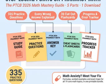 Puede incluir: La Guía de Dominio de Matemáticas PTCB 2026 es un paquete digital con cinco partes: guía de estudio, preguntas de práctica, clave de respuestas, hojas de trucos con tarjetas y rastreador de progreso. Incluye 335 preguntas y ayuda para la ansiedad.