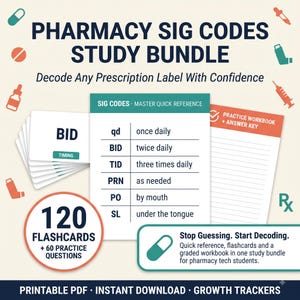 Ensemble de ressources pour l'étude des codes de signification pharmaceutique : fiches de révision, cahier d'exercices pour les étudiants en techniques pharmaceutiques, les candidats à l'examen PTCE et les nouveaux stagiaires, abréviations des ordonnances 2026