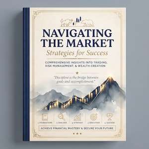 May include: A book titled Navigating the Market: Strategies for Success. The cover features a bull and bear icon, a stock market candlestick chart over a mountain range, and the text: Discipline is the bridge between goals and accomplishment.